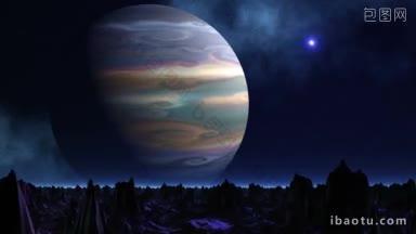 这颗巨大的行星，气体巨星，围绕着一个奇妙的<strong>星球</strong>，明亮的被照亮的物体的山脉景观<strong>旋转</strong>